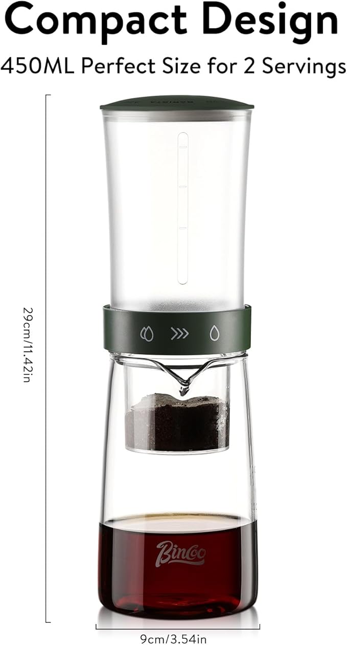 Bincoo Drip Cold Brew Coffee Maker,450ml High Borosilicate Glass Ice Drip Coffee Brewer,Adjustable Dual-Outlet Drip Speed, Constant Pressure Brewing