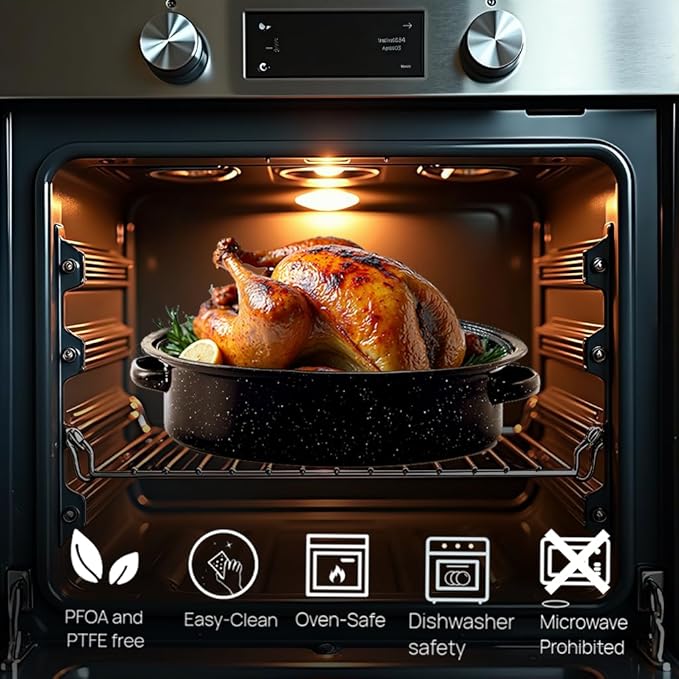 15"Oval Roasting Pan With Lid Small Chicken Roaster With 13.7in Inner Diameter Enamel Steel Roasting Pot Suitable for Outdoors Family Dinnerhigh Temperature Resistance Holiday Gifts