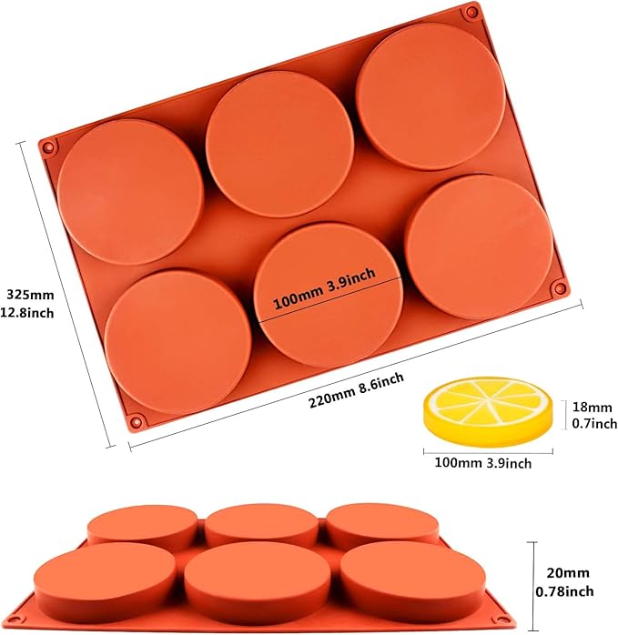 Funshowcase Round Disc Baking Silicone Mold 6-Cavity, 4inch, Circle Epoxy Resin Tray, Chocolate Cake Pie Custard Tart Muffin Sandwiches Eggs Bakeware, Soap Concrete Cement Plaster Pan