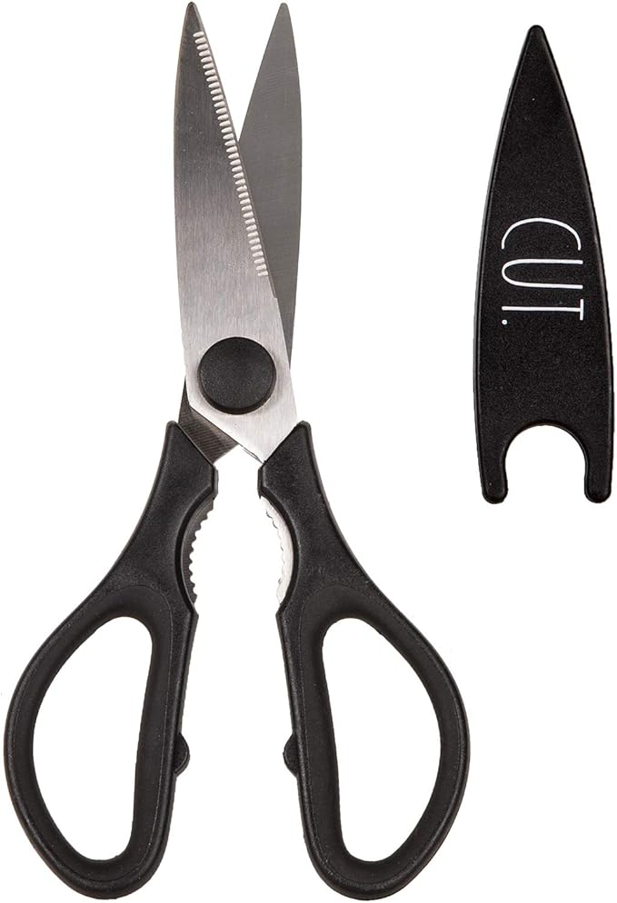 Rae Dunn Kitchen Scissors- Stainless Steel Kitchen Shears, Cooking Scissors for Cutting Meat, Chicken, Herbs and Produce with Blade Cover and Soft Grip Handles (Black)