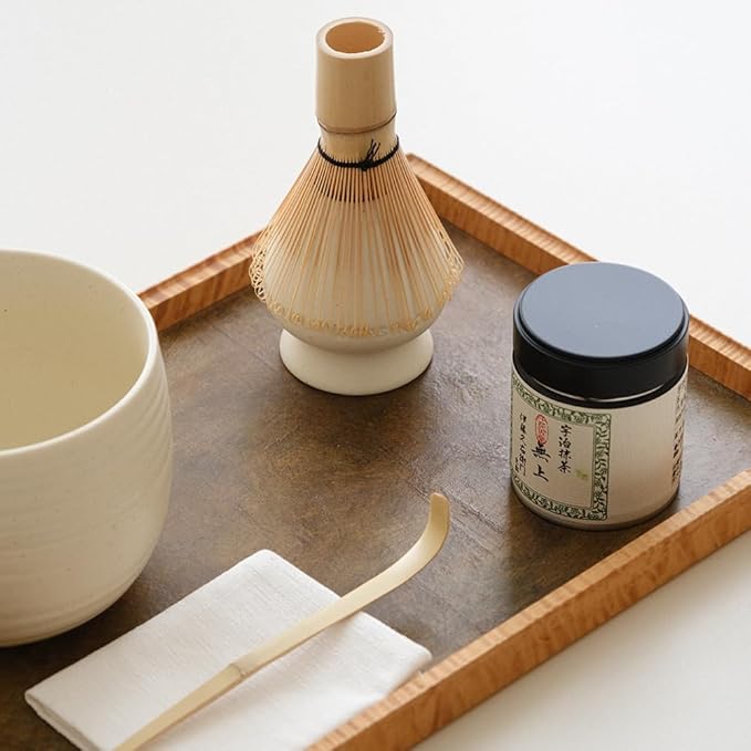 Matcha Whisk Set, Ceramic Matcha Bowl & Whisk Holder, Bamboo Accessory, Modern Design (Matte Crème, Traditional Bowl Design)