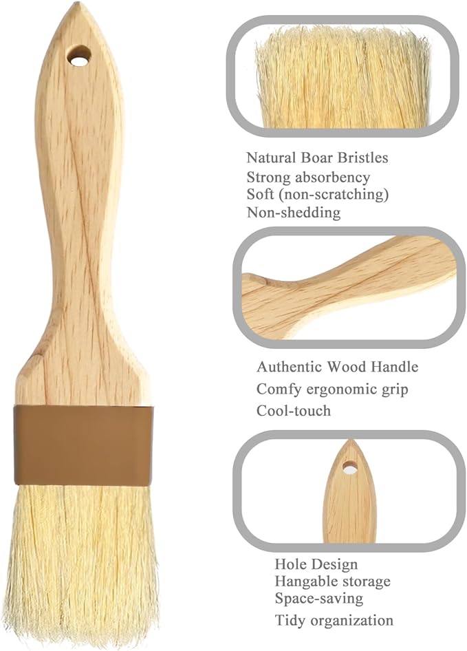 Pastry Brush,Basting Brush 2 in-Natural Boar Bristle Basting Brush for Cooking,Food Grade Brushes for Baking,Heat Resistant to Spread Oil,Sauce,Butter,Flour,Egg Wash Marinades for BBQ Barbecue(2 pc)