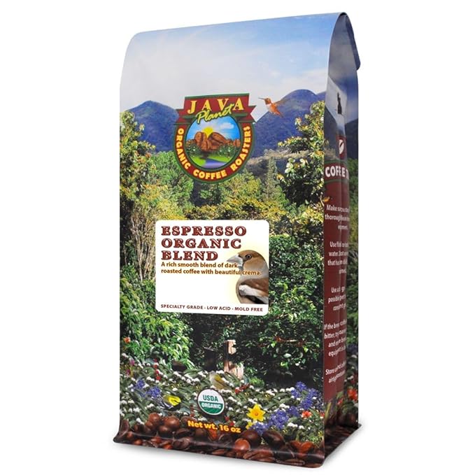 Low Acid Organic Coffee – Whole Bean, Mold-Free & Stomach Friendly by Java Planet, Espresso Blend Coffee, Dark Roast, Smooth Full Flavored, 1LB Bag