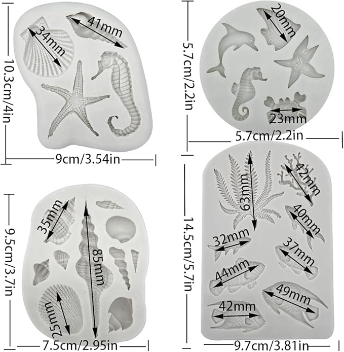 4PCS Marine Theme Fondant Silicone Mold Seaweed Sea Fish Crab Coral Conch Sea Shells Shape DIY Handmade Baking Tools
