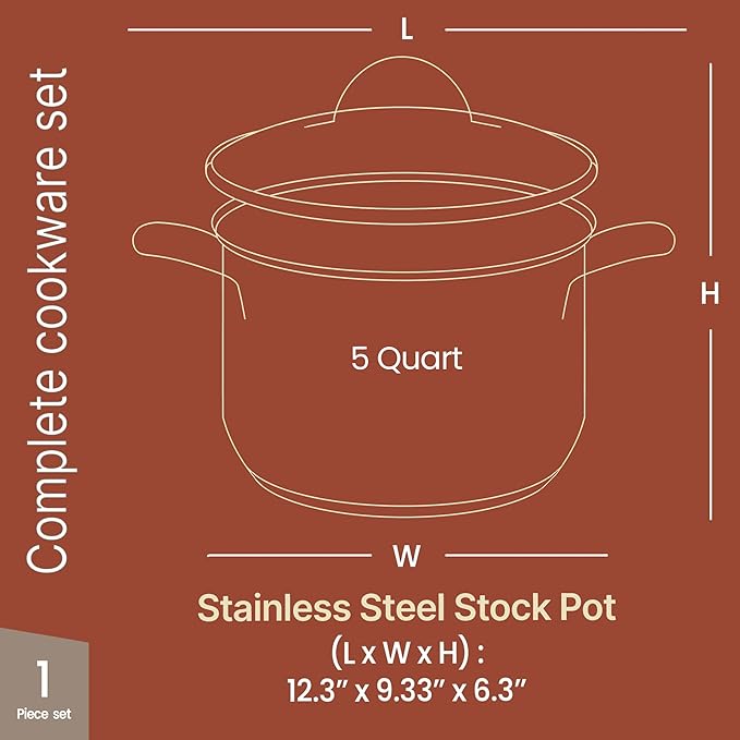 Stainless Steel Stockpot with Tempered Glass Lid 5 Quart, Durable 18/0 Stainless Steel, Impact-Bonded Base for Even Heating, Riveted Handles, Oven & All Stove Compatible, Safe Up To 500°F (260°C)
