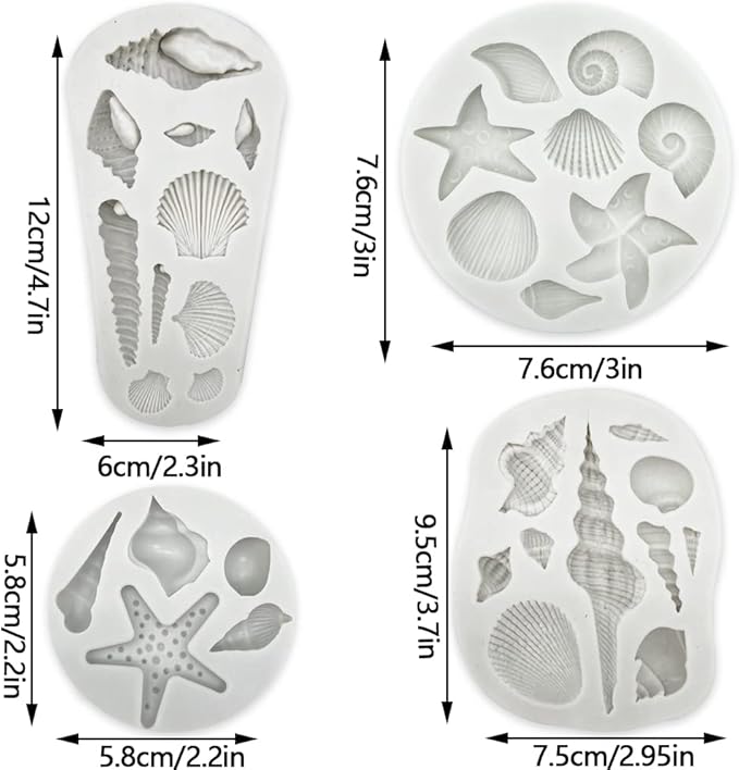 4 PCS Marine Theme Cake Fondant Silicone Mold Seashell Conch Starfish Baking Molds, For Theme Cake Cookie Chocolate Candy Decoration Fondant Polymer Clay
