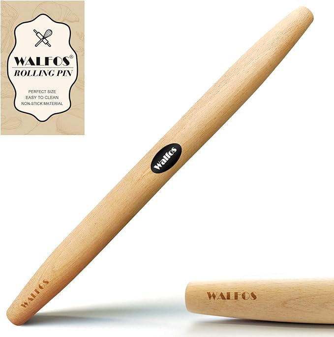WALFOS French Rolling Pin for Baking, Tapered Design Natural Beech Wood Rolling Pins, Essential Kitchen Dough Roller for Fondant, Pizza, Pie, Cookie and Pastry