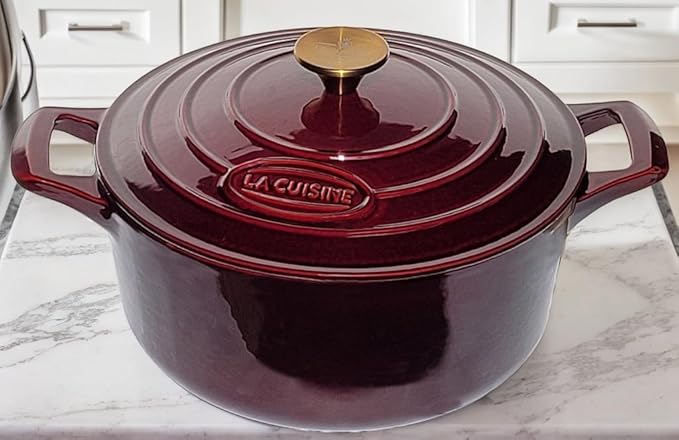 La Cuisine Enameled Cast Iron Dutch Oven Casserole Pot with Lid 6.5 QT 11" /28cm Dia. Internal Matte Black Enamel Coating Gold-Plated SS Lid Handle Oven Safe up to 500° F for bread baking, Cranberry