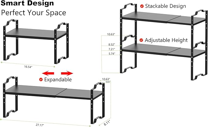 Expandable Shelf for Cabinet Organizer Adjustable Stackable Spice Rack at Kitchen and Bathroom More, Counter Countertop Cupboard Organization Pantry Storage(MEDIUM/3PACKS/BLACK)