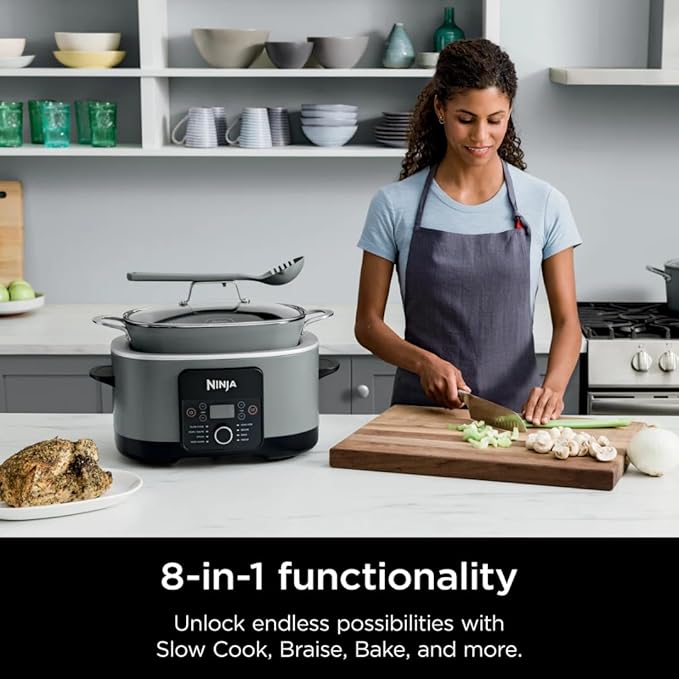Ninja Foodi 8-in-1 Everyday Possible Cooker PRO 8.5-Quart Multi-Cooker with Glass Lid, Slow Coorker Integrated Spoon, and Non-Stick, Oven-Safe Pot,Sea Salt Grey
