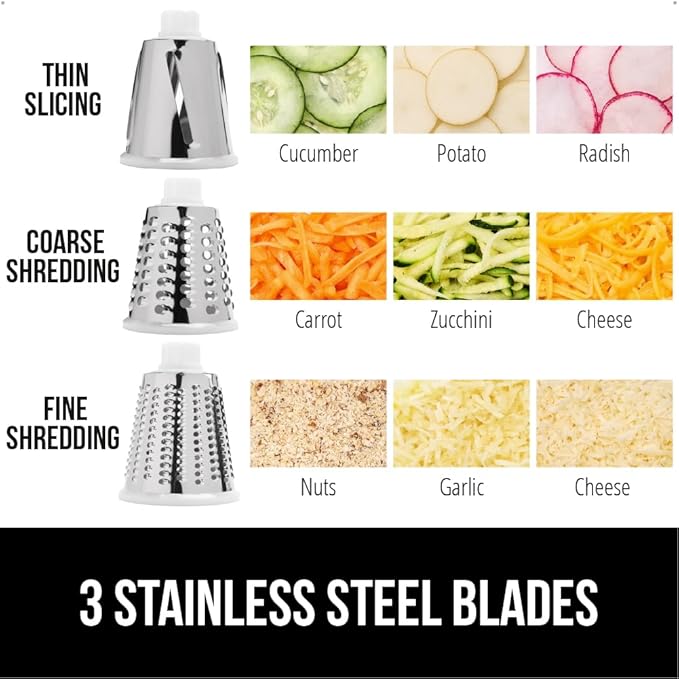 GORILLA GRIP BPA-Free Rotary Cheese Grater Hand Crank, Easy to Set Up, Strong Suction Base for Kitchen Countertop, Shred Potato, Vegetable, Nuts in Seconds, Round Mandoline Slicer, 3 Blades, Red