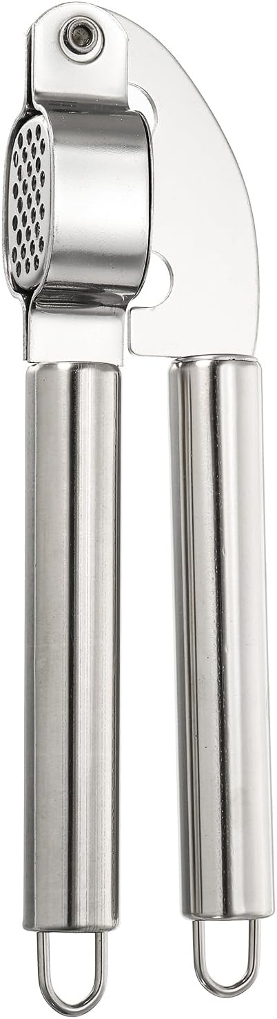 uxcell Garlic Press, 7.7 Inch Stainless Steel Garlic Crusher and Peeler Set for Home Cooks and Professional Chefs, Silver