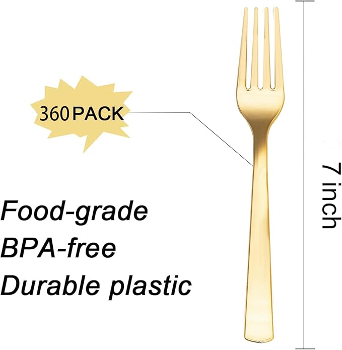 Liacere 360Pcs Plastic Forks - Heavyweight Forks - 7 Inch Heavy Duty Gold Disposable Forks- Gold Plastic Silverwar Perfect For Parties & Weddings & Thanksgiving & Restaurants And Daily Using