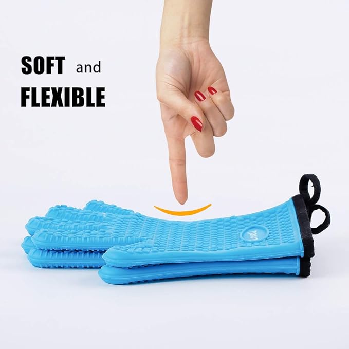 Kitchen Oven Gloves - Dual-Layer Heat Resistant Grilling Gloves, Silicone Oven Mitts with 5 Fingers, Waterproof Non-Slip Pot Holder for Barbecue, Cooking, Baking (Blue)