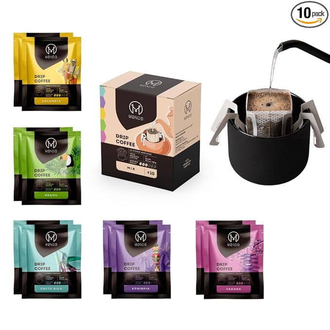 Mondo Drip Coffee Mix (10-Pack Variety), Single Serve Pour Over Filter Bags, Pre-Filled 100% Arabica, Medium Roast