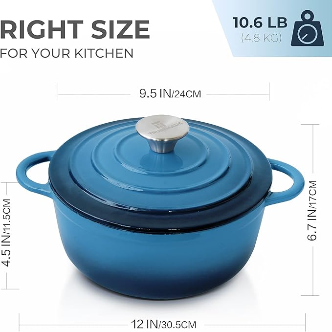 Trustmade 4.5 QT Cast Iron Dutch Oven, Enamel Coated Cookware Pot with Self Basting Lid for Home Baking, Braiser, Cooking, Blue