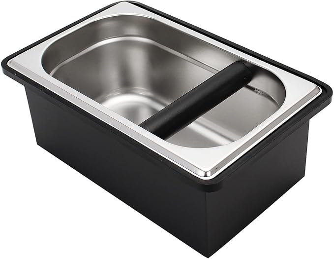 Espresso Knock Box,Stainless Steel Coffee Pucks Container, with Steel Holder and Noise Reduction Rubber Ring (10.94 x 6.88 x 4.25 inch)