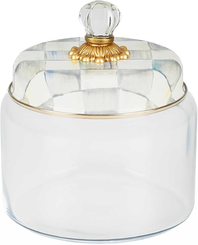 MACKENZIE-CHILDS Sterling Check Kitchen Canister, Decorative Gray-and-White Glass Storage Jar with Lid, Medium
