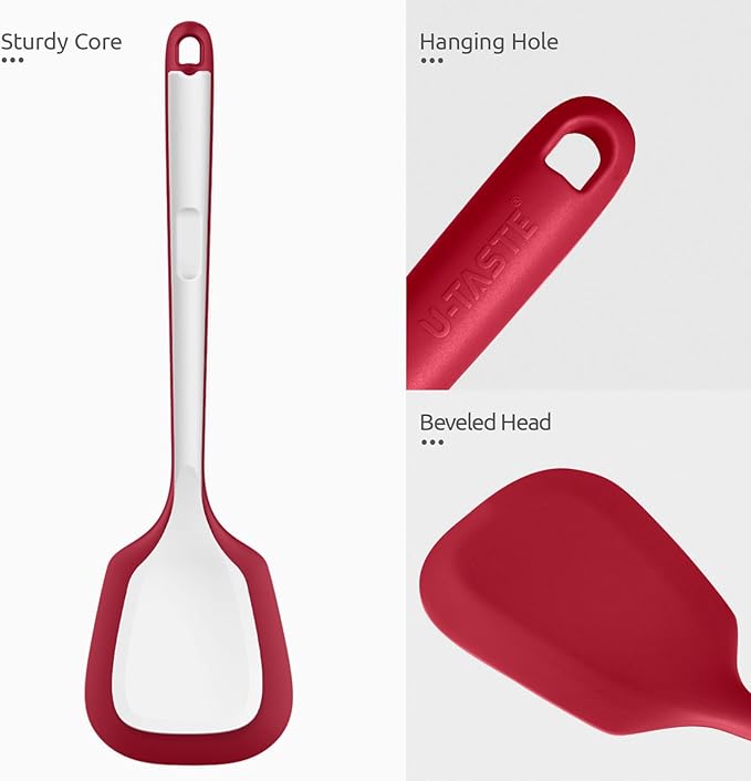 600ºF Heat Resistant Silicone Turner: U-Taste 13.6in Solid Kitchen Spatula Flipper, Food Grade Flexible & Thin Rubber Seamless Cooking Utensil for Flipping Egg, Pancake in Nonstick Cookware (Red)