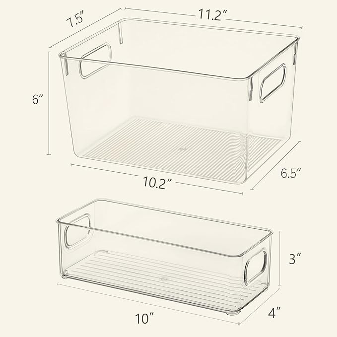 Clear Storage Bins 8 Pack for Fridge,4 Large Plastic Pantry Organizer Bins and 4 Small Stackable Storage Containers for Home Edit Kitchen Freezer Bathroom Under Bed Vanity Drawers