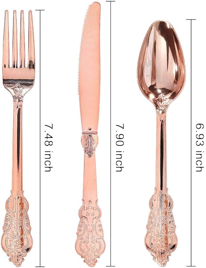 WDF-300 Pieces Rose Gold Plastic Silverware- Disposable Flatware -Heavyweight Plastic Cutlery- Includes 100 Forks, 100 Spoons, 100 Knives for Wedding& Parties