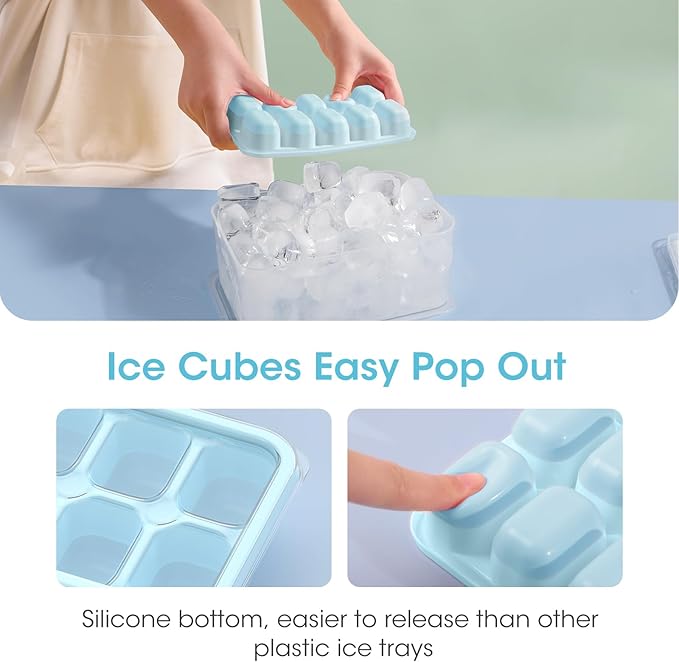 DOQAUS Ice Cube Tray with Lid and Bin, 4 Pack Silicone Plastic Ice Cubes Trays for Freezer with Box/Container, Stackable with Storage Iced Bucket Kits, Scoop, for RV, Soup, Food, Cocktail, Coffee