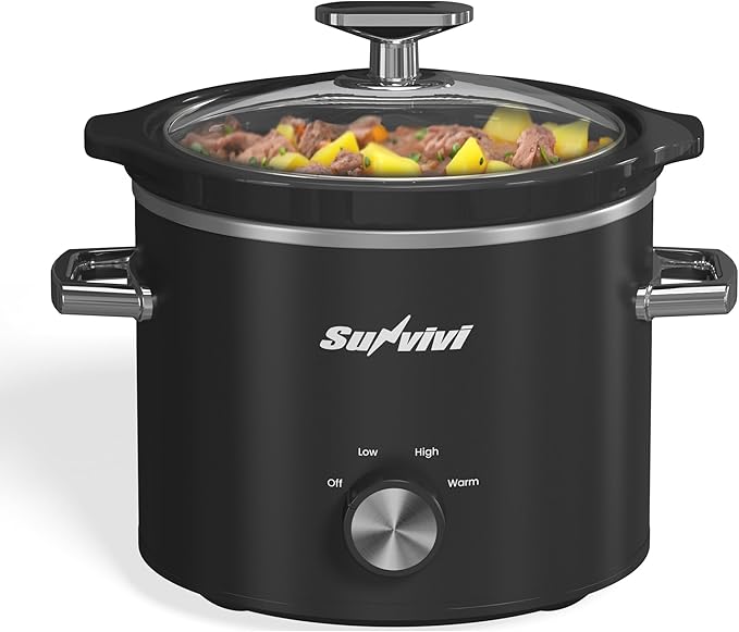Sunvivi 2 Quart Slow Cooker, Small Slow Cooker with Removable Ceramic Pot, Food Warmer with 3 Heating Settings & Dishwasher Safe Glass Lid, Black