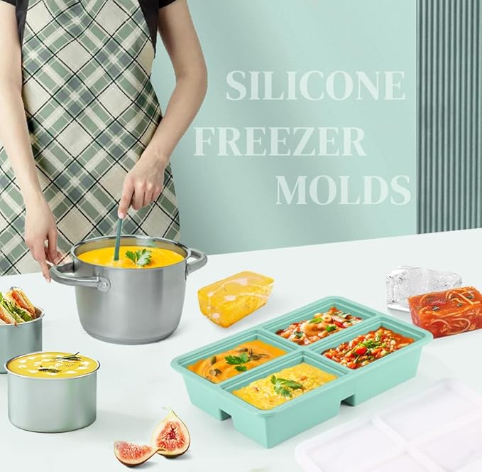 2 PACK 1 Cup Silicone Freezer Trays With Lid For Freeze & Store Soup, Broth, Leftovers, Microwave-safe Soup Freezer Container - Green