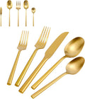 DEACORY Silverware Set with Serving Utensil Set Matte Gold Flatware Set Hand Forged Stainless Steel Cutlery Set 45 Pieces Matte Finished Hexagon Handle Service for 8, DE1004