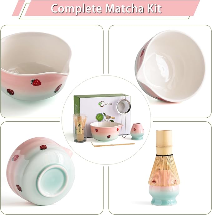 Matcha Whisk Set, Matcha Bowl with Spout, Matcha Whisk and Holder, Bamboo Matcha Scoop and Stainless Sifter,Ceramic Matcha Bowl(Pink Green)