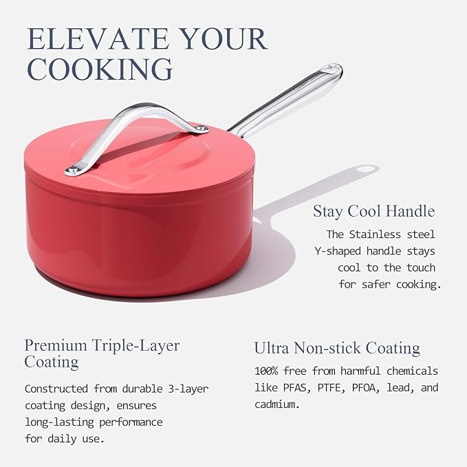 3.5QT Nonstick Ceramic Sauce Pan with Lid 8 Inch Ceramic Cookware Even Heat Distribution, Non Toxic PFAS-Free Healthy Cooking Pot for All Stovetops, Oven Safe Up To 500°F, Fusion Red
