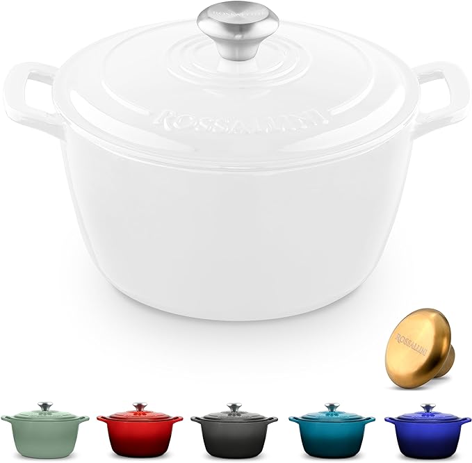 Signature Enameled Cast Iron Dutch Oven, Non-Stick Serving Pot with Tight Fitting Lid for Perfect Roasting, Baking, Sauteing, and Bread Making | 7.4Q (7L) - White