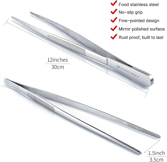 MSY BIGSUNNY Set of 2 Kitchen Tweezers Fine Tweezer Tongs 12 Inch Stainless Steel Food Tweezer, Precision Serrated Tips Food Tongs,Extra-Long Straight Tweezers