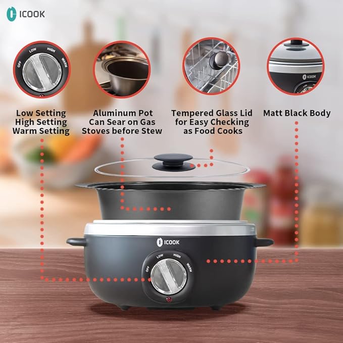 ICOOK USC-65-OP001BK 6.5 Quart Slow Cooker,Aluminium Sear/Sauté Stew Pot Stovetop safe,Dishwasher Safe,Glass Lid,Adjustable Temp,Food Warmer(Black)