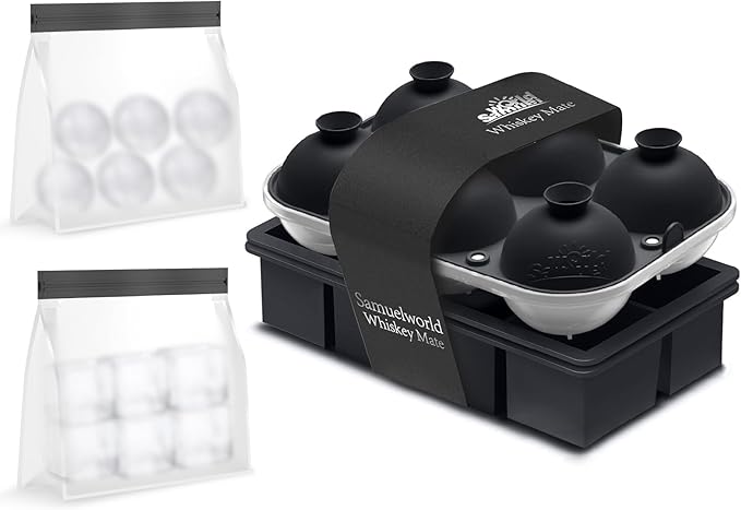 Samuelworld Premium Ice Tray Combo (16 Ice Cube/6 Ice Ball), New Upgraded Large Ice Sphere Maker Ice Cube Trays, Spill-Free Integrated Funnels, Whiskey Bourbon Cocktails Ice mold, Black(With Ice Bags)