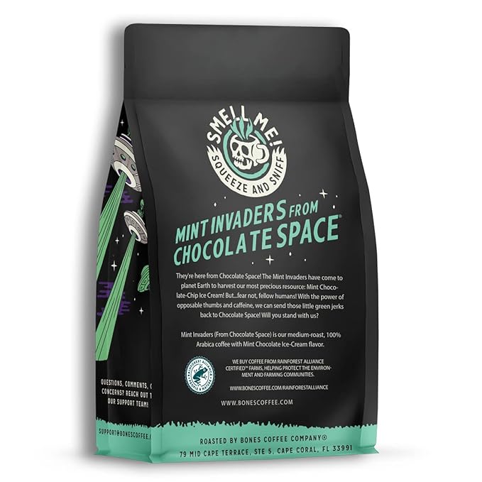Bones Coffee Company Mint Invaders, Mint Chocolate Chip Flavored Coffee, Medium Roast Low Acid Arabica Beans Compatible with Auto drip and French Press Coffee Maker, 12 Oz Ground