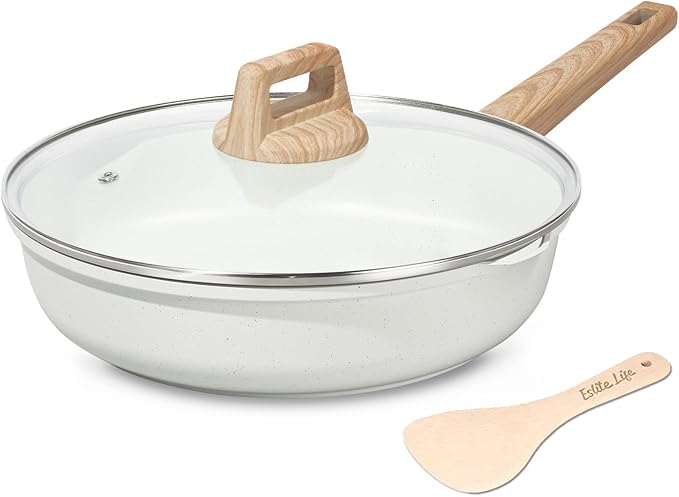 ESLITE LIFE Nonstick Ceramic Frying Pan Skillet with Lid, Non-Toxic Egg Omelette Kitchen Cooking Pans Compatible with All Stovetops (Gas, Electric & Induction), PTFE & PFOA Free (White, 11" w/Lid)