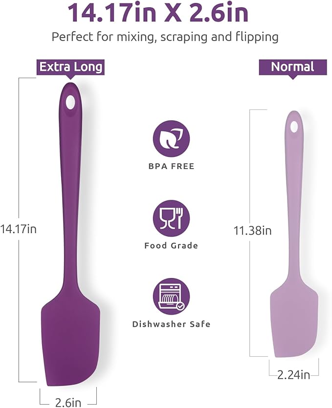 14in Extra Long Silicone Spatula: U-Taste 480ºF Heat Resistant Flexible Baking Mixer Scraper, Large Rubber Mixing Stirring Scraping Seamless Kitchen Turner Utensil for Nonstick Cookware (Purple)
