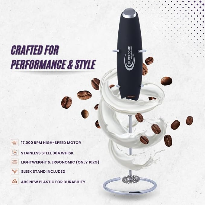 Silverdome's Powerful Handheld Milk Frother, Stainless Steel whisk for Silky Foam in Seconds, Battery Operated(Not Included), Perfect for café-style drinks, Coffee, Lattes, Cappuccino, Hot Chocolate.