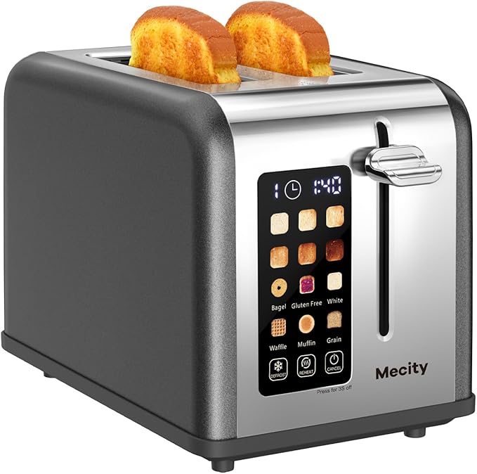 Mecity 2 Slice Touch Screen Toaster, 1.5" Wide Slot, Stainless Steel Smart Toaster for Bagels, Muffins, Waffles, Gluten-Free Breads, Defrost, Reheat, Timer, 120V 825W, Grey Pearl