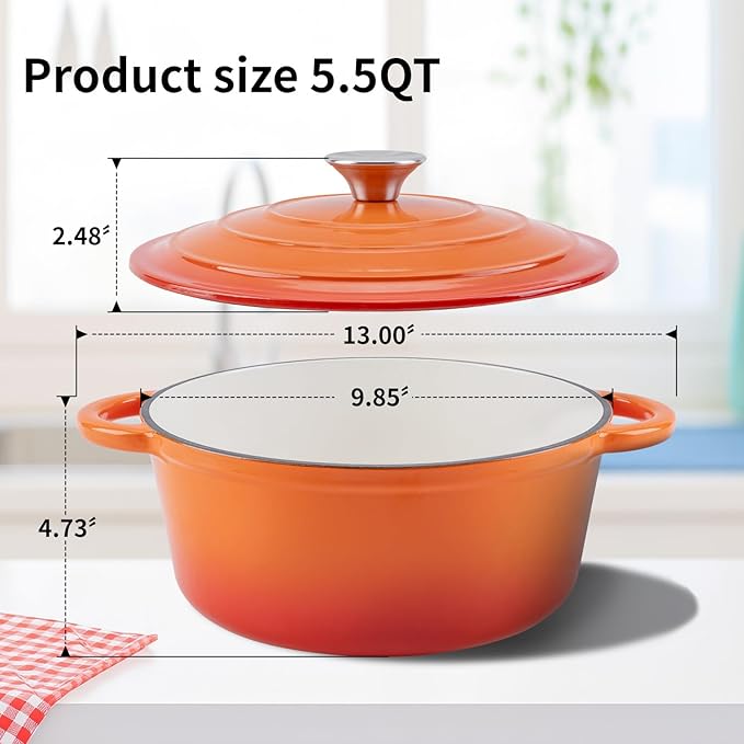 Enameled Cast Iron Dutch Oven Pot with Lid Heavy-Duty Cookware for Bread Baking, Braising, Stews, Roasting,5.5QT，orange