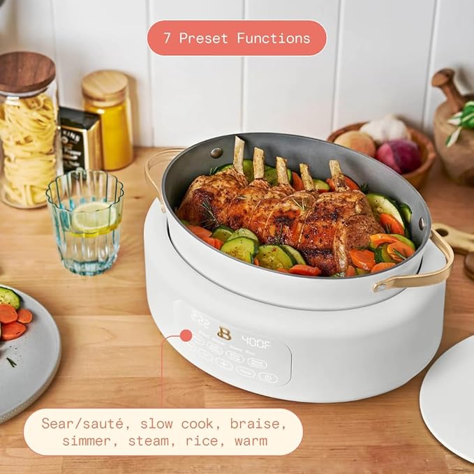 Beautiful 10-in-1 6Qt Electric Multi-Cooker with 7 Presets,Oven-Safe Pot & Lid,Sauté,Steam,Slow Cook, Slow Cooker, Simmer,Rice & More,Touch Display, Dishwasher Safe, Serves Up to 7 (White Icing)