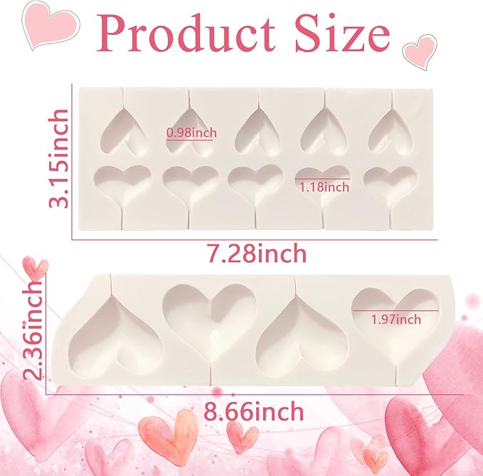 2 Pcs Heart Fondant Molds, Heart Shaped Lollipop Kitchen Baking Silicone Molds for Valentine's Day Cake Decorating, Candy Chocolate, Cookies, Marzipan, Clay, Epoxy, Butter, jelly
