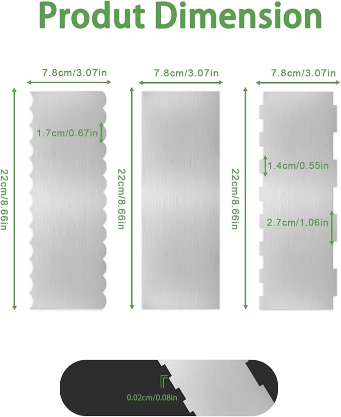 3PCS Stainless Steel Cake Scraper Set, Icing Scraper & Icing Smoother for Cake Decorating, Frosting Scraper Tools, Alisador de Pasteles for Buttercream & Baking