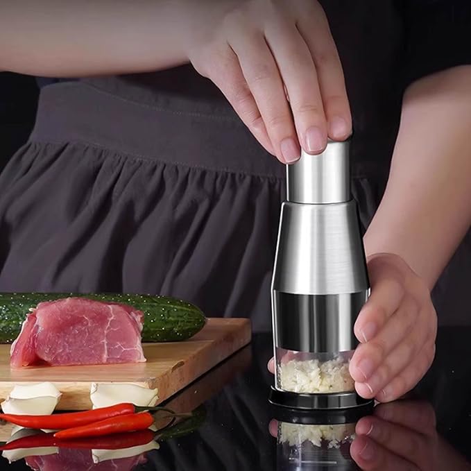 Manual Food Chopper, Garlic Press Multi Functional Stainless Steel Handheld Tool Garlic Pressing Chopper for Mincing Onion, Slicing Peppers, Potato