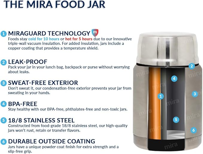 MIRA 15 oz Insulated Food Thermos for hot and cold foods - Leak-Proof Stainless Steel Container with Spoon - Hawaiian Blue