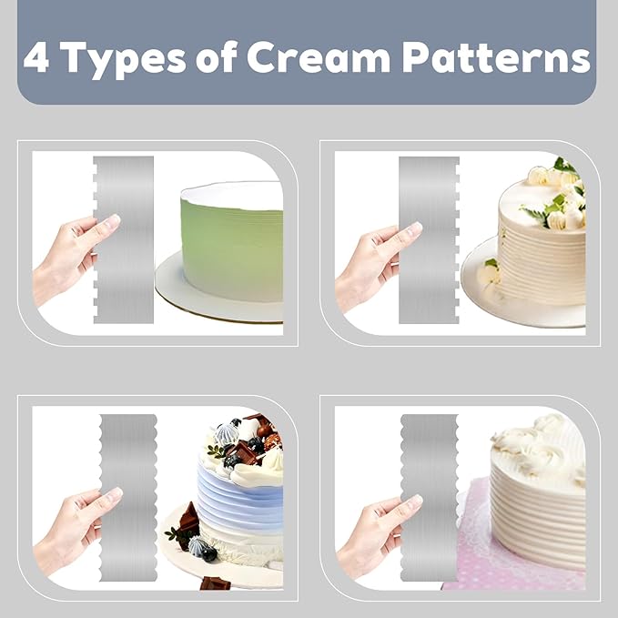 2 Pcs Stainless Metal Cake Scraper Smoother Double Sided Patterned Edge Cake Decorating Supplies Spatula Frosting Icing Tools Comb for Icing Cakes Buttercream Decorating