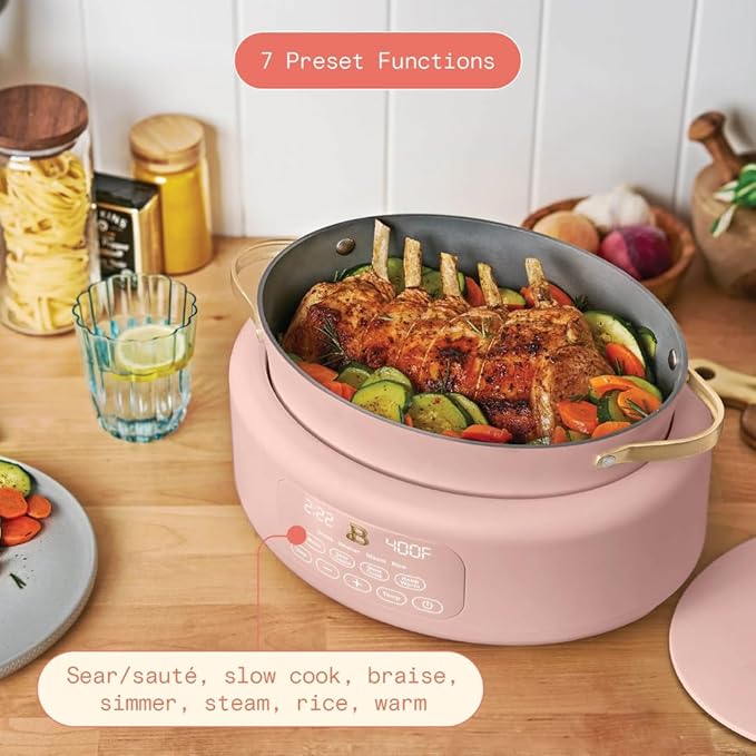 Beautiful 10-in-1 6Qt Electric Multi-Cooker with 7 Presets, Oven-Safe Pot & Lid, Sauté, Steam, Slow Cook, Slow Cooker, Simmer, Rice & More – Touch Display, Dishwasher Safe, Serves Up to 7 (Rose)