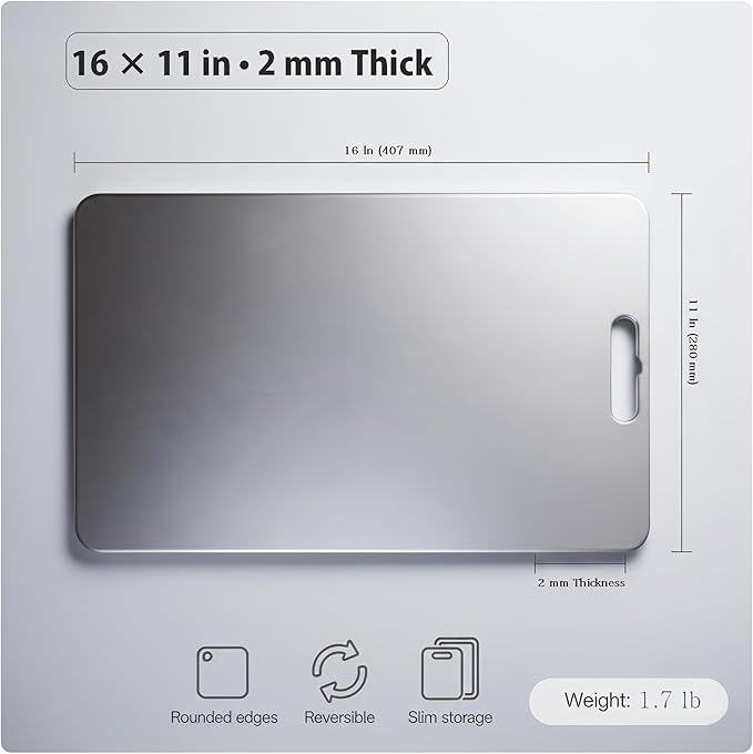 16x11 Titanium Cutting Board 2mm Thick. 100% Pure Titanium Cutting Boards For Kitchen, Stays Flat & Odor-resistant, Non-porous, Dishwasher-safe, Reversible - Multi-use: Pastry, Prep & Serve, Bbq.