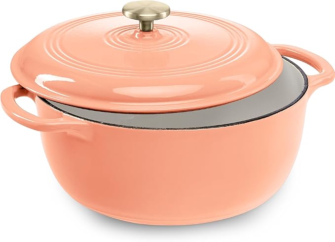 Best Choice Products 6 Quart Enamel Cast-Iron Round Dutch Oven, Family Style Heavy-Duty Pre-Seasoned Cookware for Home, Kitchen, Dining Room, Oven Safe w/Lid, Dual Handles - Peach Sorbet